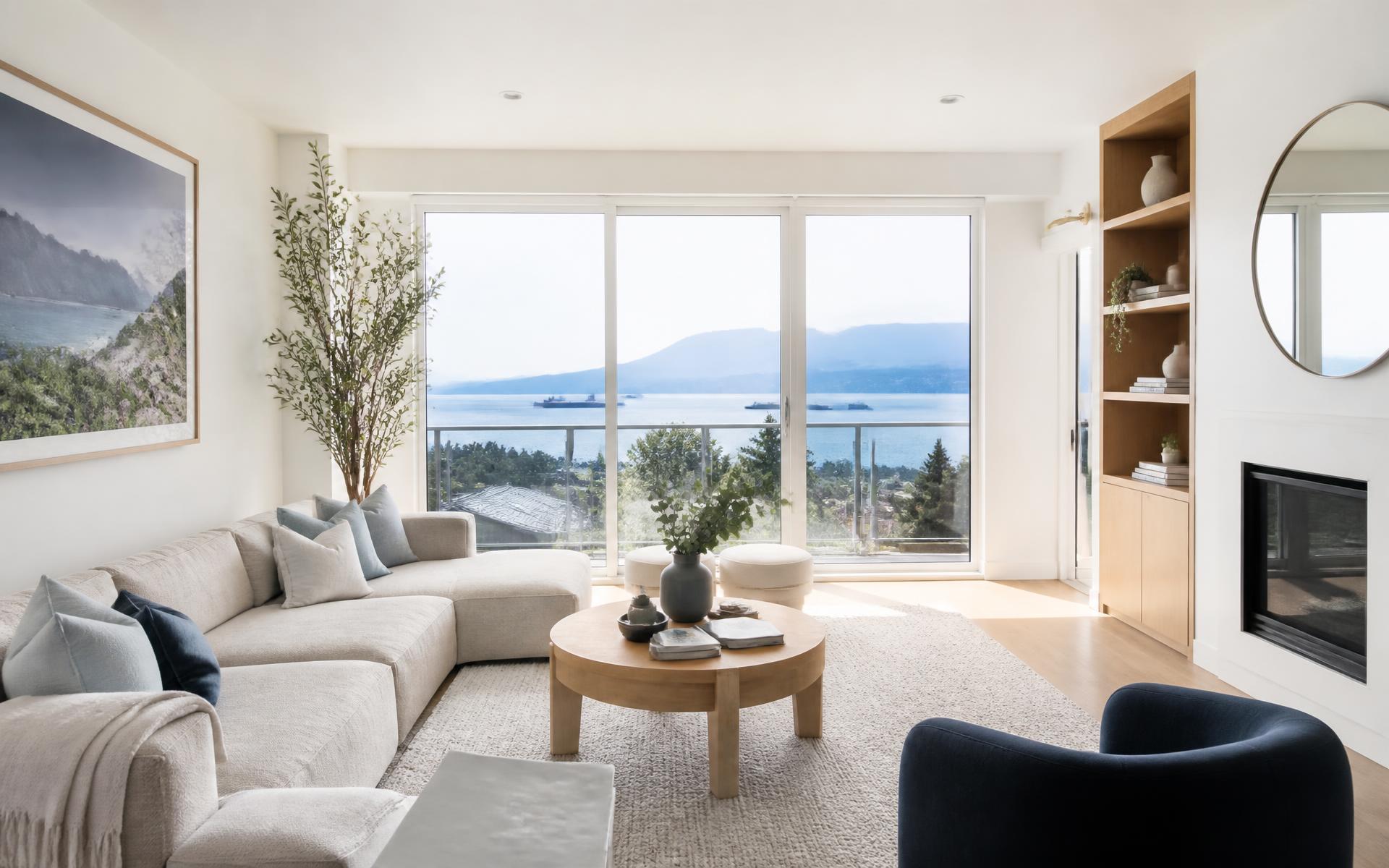 Bright Vancouver living room with white walls, blue accents and an ocean view