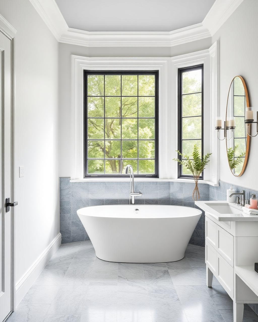 White bathroom with blue-grey stone tile and a freestanding tub