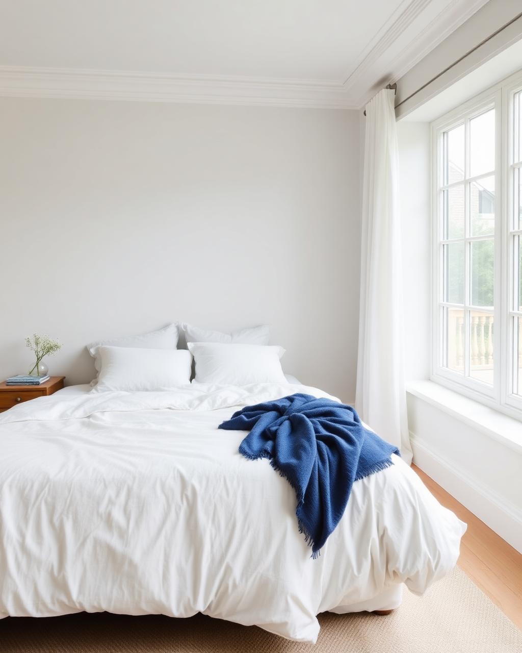 Serene white bedroom with linen bedding and a deep blue throw