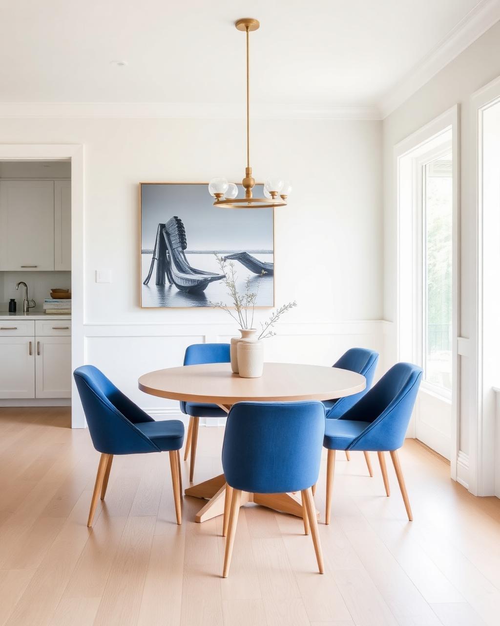 Bright dining room with blue upholstered chairs and pale wood table