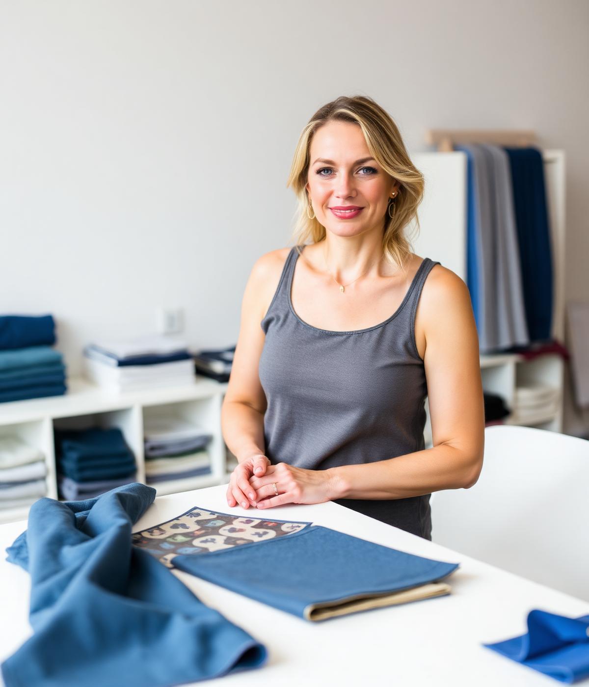 Interior designer reviewing blue fabric samples in a bright Vancouver studio